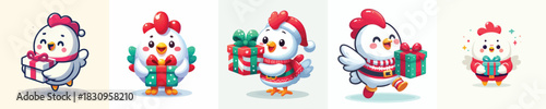 cute christmas dressed chicken character vector