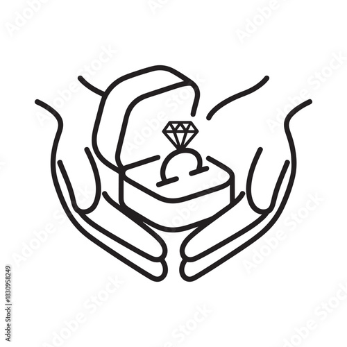 Hands holding an open ring box with a diamond ring