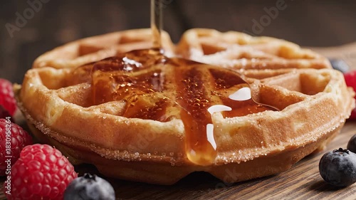 Golden Waffle Delight A Symphony of Maple Syrup Fresh Berries and Powdered Sugar in a Mouthwatering Breakfast Still Life.
