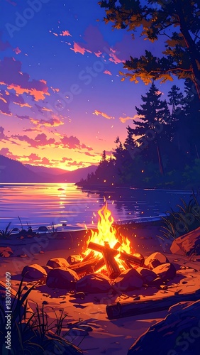 Campfire burning by a calm lake under a vibrant sunset, with trees silhouetted against the colorful sky