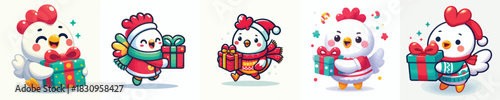 cute christmas dressed chicken character vector