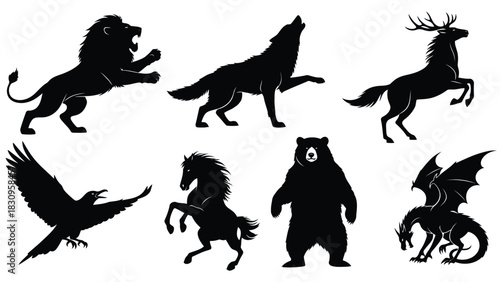 Dynamic collection of powerful black animal and mythical creature silhouettes, presented as clean flat vector, isolated on white background