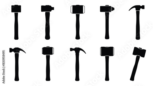 Comprehensive flat vector illustration showcasing a diverse collection of essential hammer tools, featuring various, isolated on white background