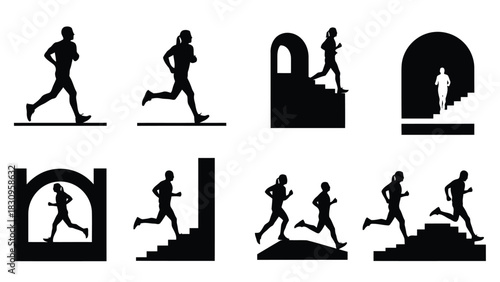 Flat vector silhouettes showing diverse runners jogging, ascending and descending stairs, and moving through archways., isolated on white background