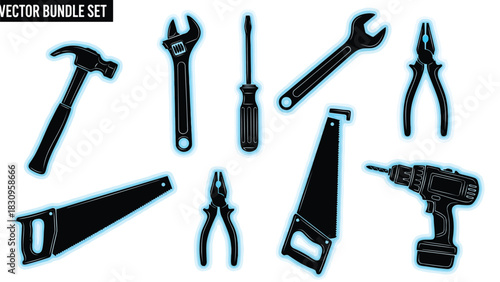 Flat vector illustration of essential construction and repair tools: hammer, wrenches, screwdriver, saws, pliers,, isolated on white background
