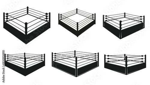 Detailed collection of six isometric boxing ring illustrations, presented in a clean black and white silhouette style,, isolated on white background