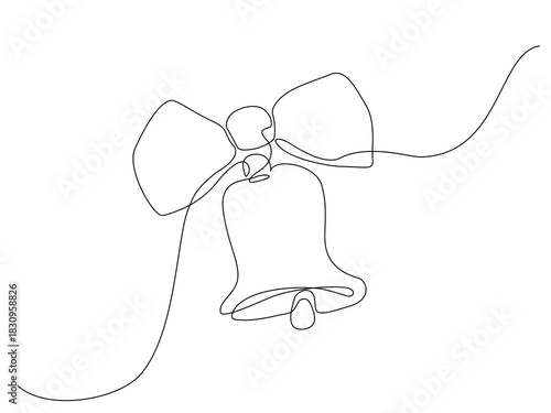 A minimalist continuous one-line illustration of a bell with a decorative ribbon, creating a simple and elegant holiday-themed design. Vector Editable stroke