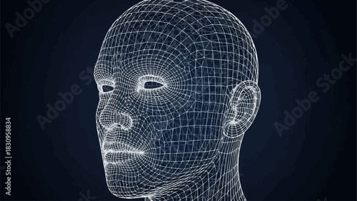 Digital wireframe head representing artificial intelligence and advanced technology.