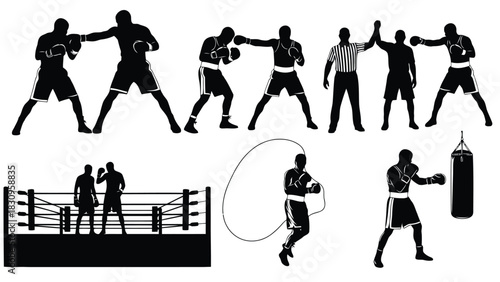 Flat vector silhouettes of boxers sparring, training, jumping rope, a referee, and athletes in a professional boxing, isolated on white background