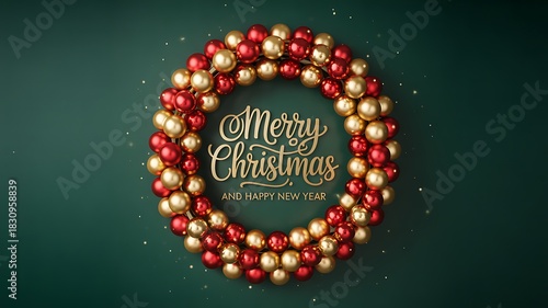 Luxurious Christmas Wreath Made of Red and Gold Baubles with Merry Christmas Greeting on Green Background
