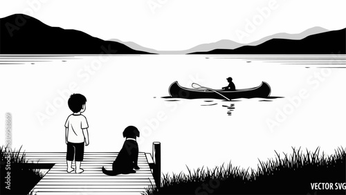 A young boy and his dog stand on a wooden dock watching a person in a canoe.