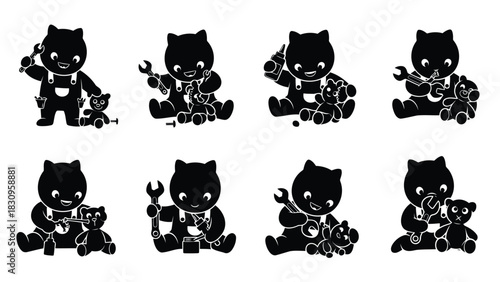 Cute black cat like character in overalls repairing a teddy bear with wrench and screwdriver, flat vector illustration, isolated on white background
