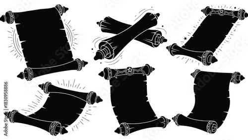Six antique scroll silhouettes with ornate decorative ends, in various dynamic positions, some radiating light,, isolated on white background