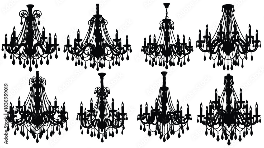 Fototapeta premium Flat vector illustration of ornate black silhouette chandeliers with candles and hanging crystal drops, symbolizing, isolated on white background