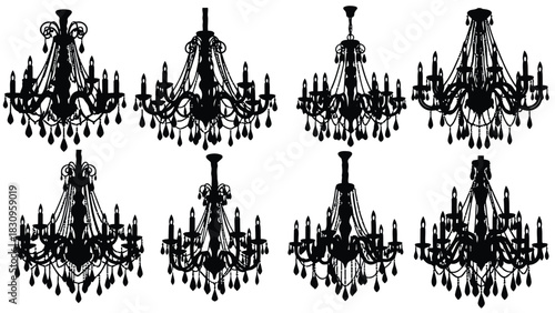 Flat vector illustration of ornate black silhouette chandeliers with candles and hanging crystal drops, symbolizing, isolated on white background