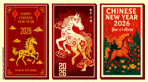 A set of vector posters for Chinese New Year 2026, the Year of the Horse. Features traditional red designs, lanterns, and dynamic flaming horse illustrations. Ideal for holiday and zodiac themes