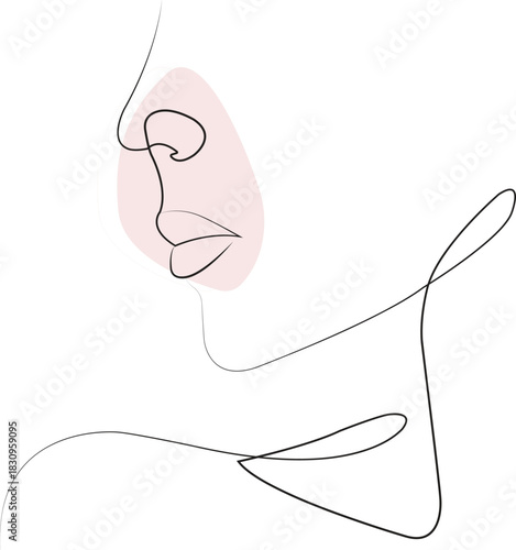 Minimal continuous line face illustration with soft blush shape – modern abstract art