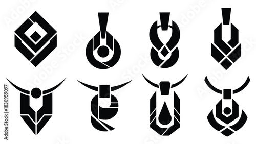 Eight modern minimalist black abstract geometric symbols, featuring intricate sharp angles and smooth curves, presented, isolated on white background