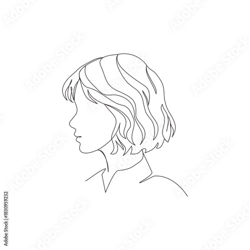 Continuous line art  a woman’s side face  modern aesthetic, short subtle waves, beauty salon style