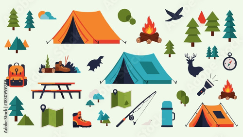 Flat design icons for camping hiking and outdoor recreation.