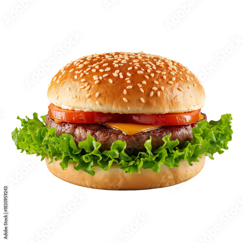 Freshly Made Burger With Crispy Lettuce, Juicy Tomatoes, and Melted Cheese on...