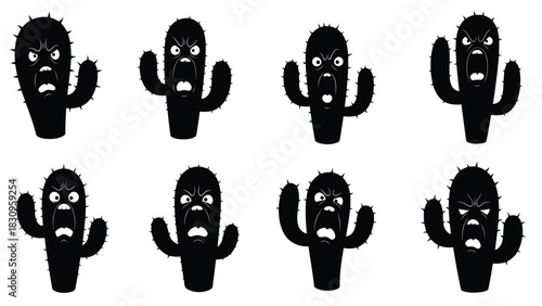 Flat vector illustration of multiple angry black cacti with spiky arms and wide open mouths screaming in rage, showing, isolated on white background
