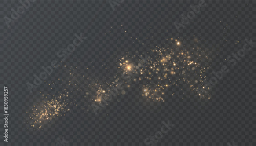 Golden shimmering particles and sparks of light dust on a transparent background. Suitable for festive designs, magical effects, glow effects, New Year's and wedding decorations.	