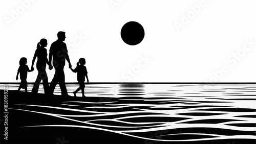 Family Silhouette Walking on Beach at Sunset.