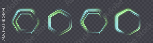 A set of glowing green hexagonal frames with vibrant backlighting on a transparent background. Futuristic neon HUD effects and light overlays for design and illustrations.