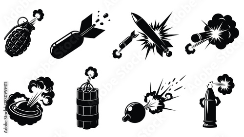 Flat vector illustration set of various explosive devices and dynamic blast effects, featuring grenades, bombs,, isolated on white background