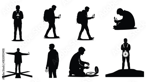 Flat vector illustration of black silhouette male figures, including hikers and travelers, consulting compasses for, isolated on white background