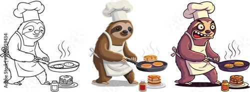 Cute sloth chef cooking pancakes illustration set with line art colored and expressive versions for cartoon character design