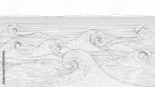 Stylized illustration of turbulent ocean waves in a monochrome line art style.