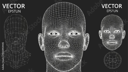 Detailed wireframe human face model with intricate mesh structure on dark background.