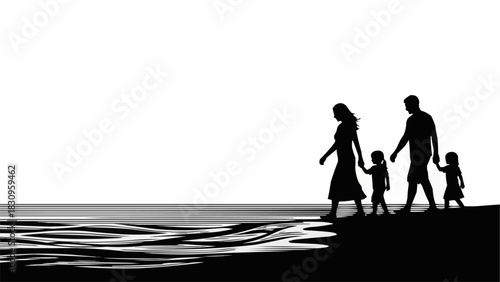 Silhouette of a family with two children walking hand in hand.