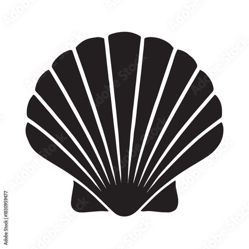 A striking black silhouette of a scallop seashell isolated on a clean white background isolated on white background
