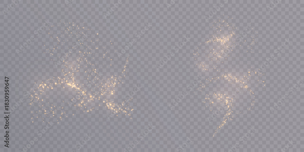 Fototapeta premium A golden cloud with glittering dust on a transparent background. An abstract fairy dust effect for overlays, fairytale designs, and holiday decorations.