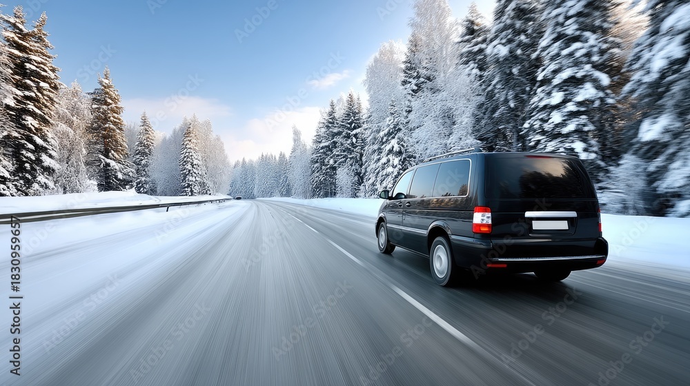 Obraz premium Snow-covered road with a black van driving through a winter landscape of trees in a serene, chilly environment