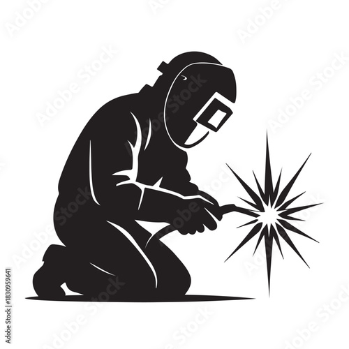 Silhouette of a welder working with sparks flying isolated on white background