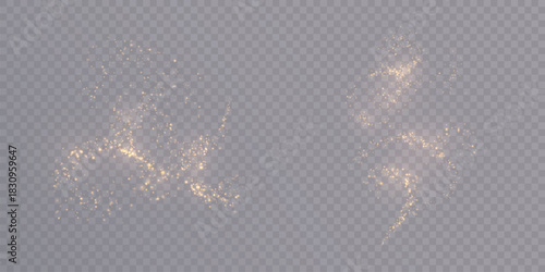 A golden cloud with glittering dust on a transparent background. An abstract fairy dust effect for overlays, fairytale designs, and holiday decorations.
