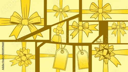 Golden Gift Boxes with Ribbons and Tags Festive Celebration Presents.