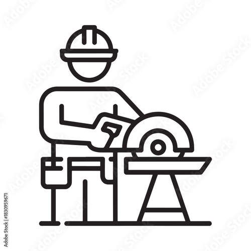 Construction worker using a circular saw on a workbench