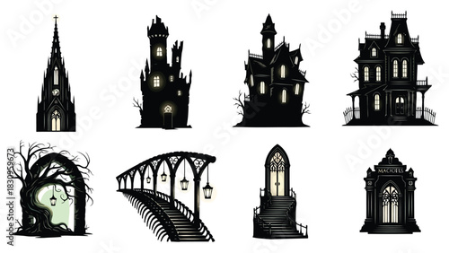 Dark gothic vector silhouettes: haunted houses, spooky castles, eerie church, twisted tree archway, mysterious bridge,, isolated on white background