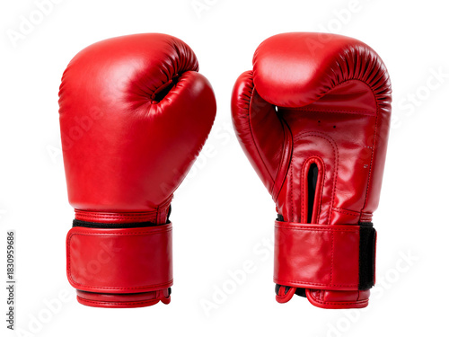 Pair of red leather boxing gloves standing upright, one front view and one back view, perfect for sports, fitness, training, or combat sports concepts. White background, PNG format. PNG.