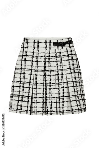 A black and white plaid pleated mini skirt with a belt accent on a black background