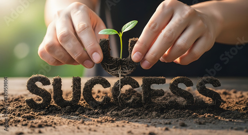 Hands Growing Seedling with Success Text in Soil – Achievement and Growth Concept