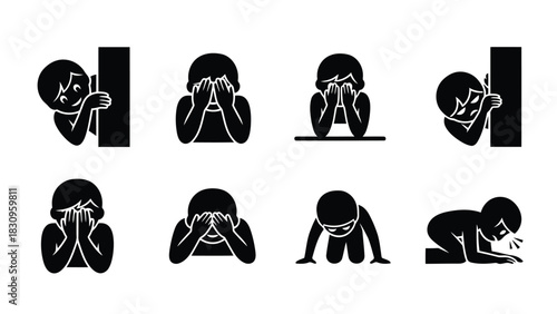 Flat vector icons depicting shyness, fear, sadness, crying, and embarrassment. Figures hide behind walls or cover faces, isolated on white background