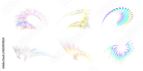 A set of holographic rainbow swirls with curved lines on a white background. Abstract glowing elements for fantasy designs and bright accents in design and illustrations.