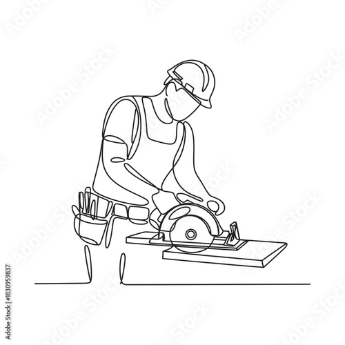 Carpenter using a circular saw to cut wood on a workbench