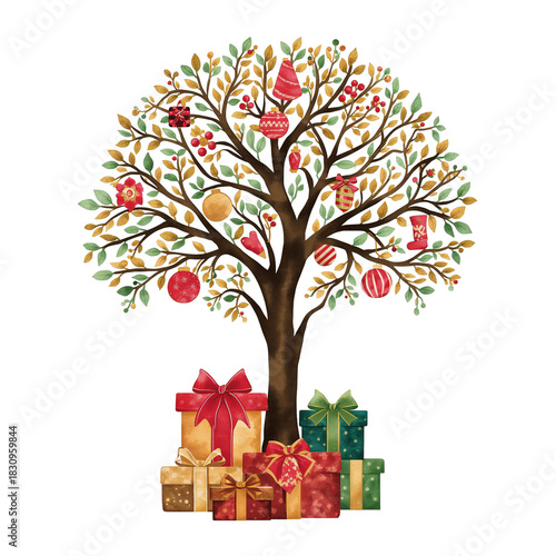 Colorful Tree Decorated With Gifts and Ornaments for a Festive Celebration Du...